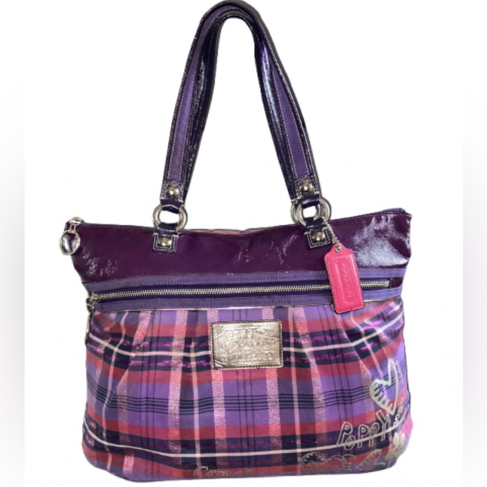 Coach 1941 Poppy Purple Plaid Tote Bag - Signature Accent